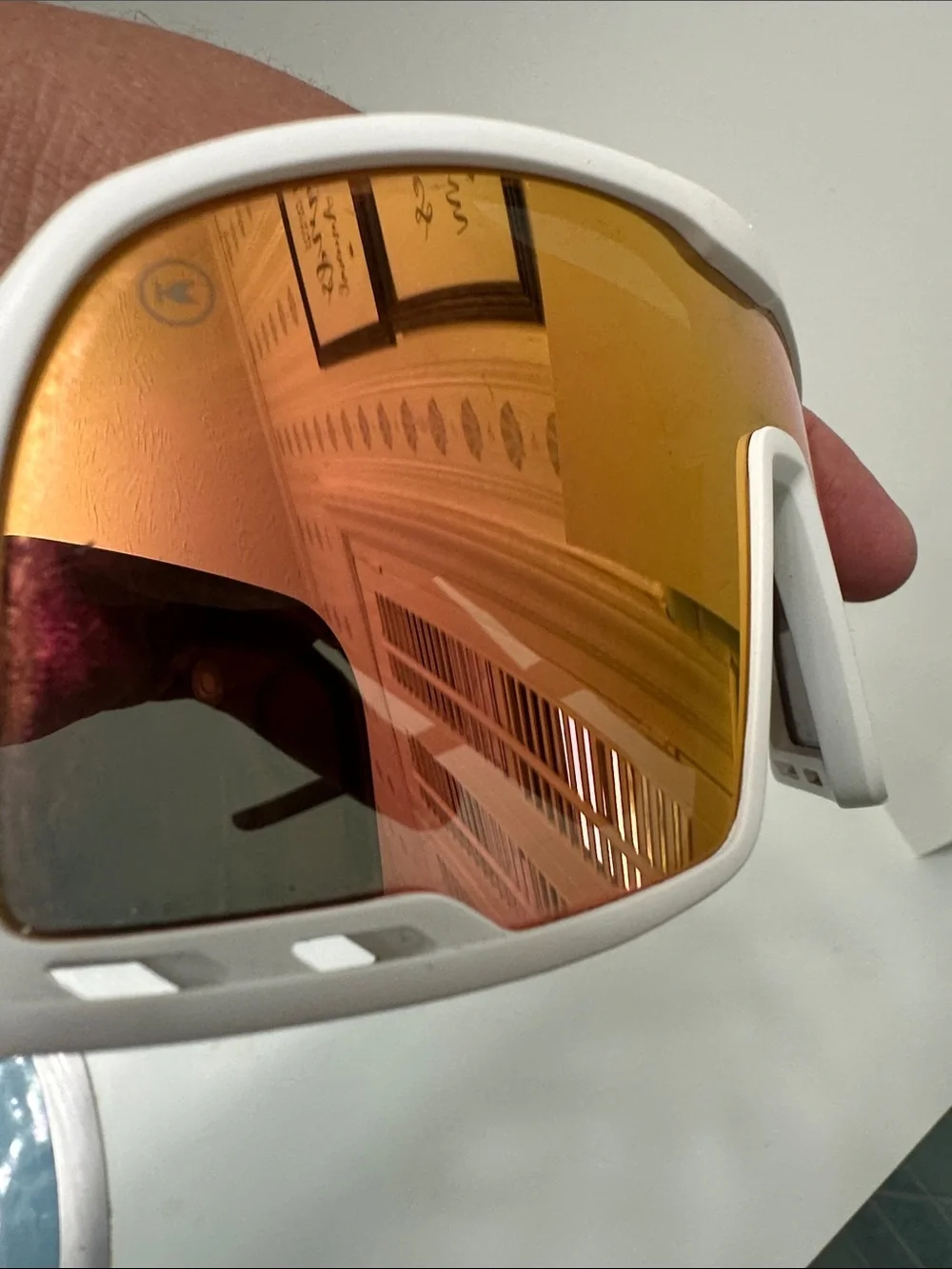 Men's White Sports Wrap Sunglasses with Red-Orange Mirrored Lens
